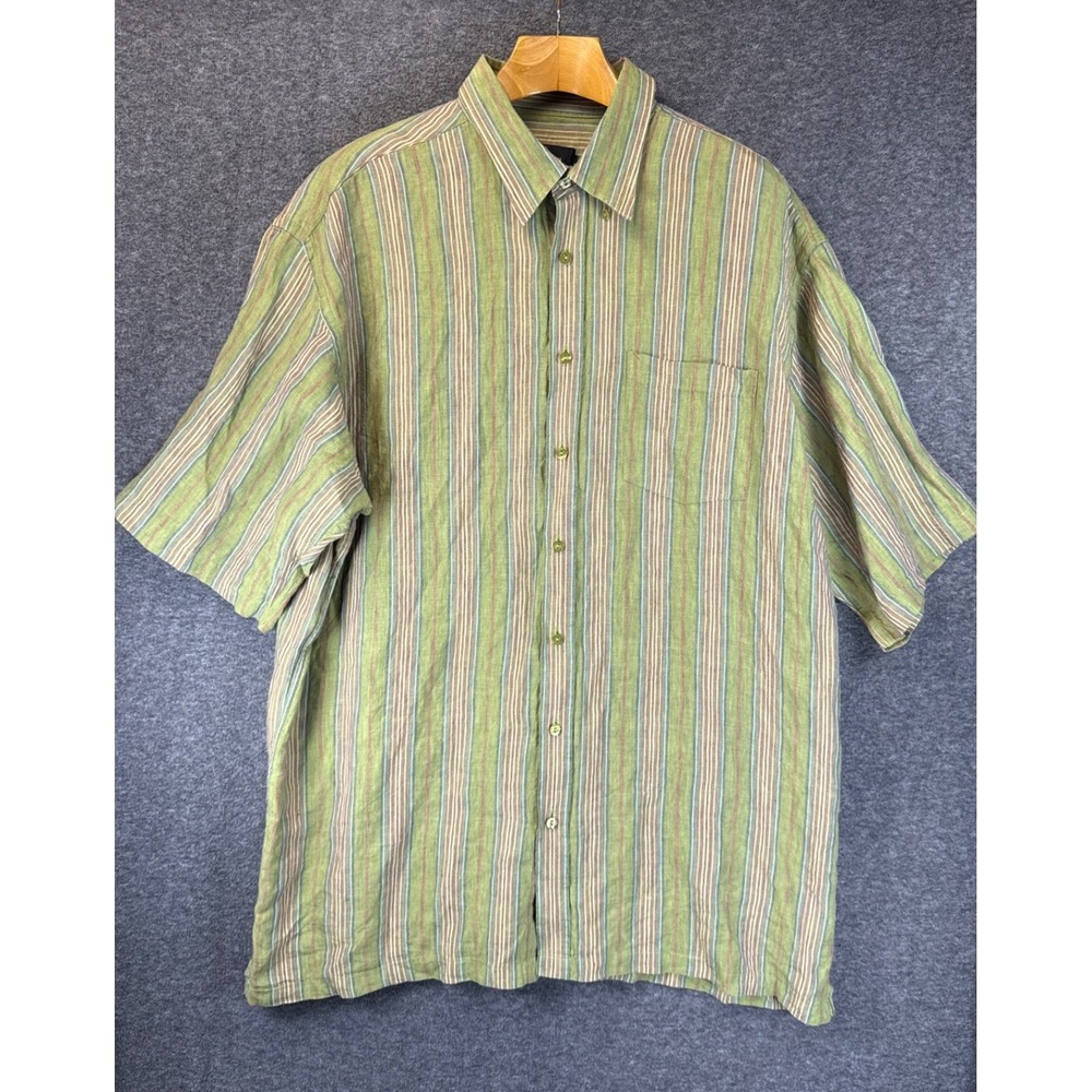 Bugatchi Uomo Shirt Men XXL Green Striped 100% Linen Short Sleeve Preppy Coastal